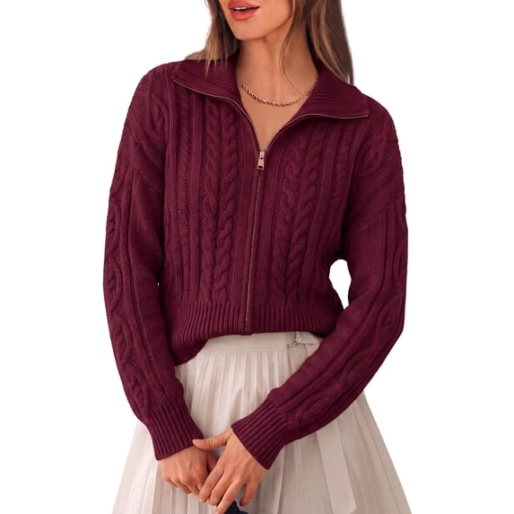 PRETTYGARDEN Women's Cable Knit Cropped Cardigan Sweaters Oversized Sweater, Long Sleeve Zip Up Jacket, Collared Neck, Ribbed Hem, Cozy Soft Casual Wear, Fall Clothes Winter Outerwear