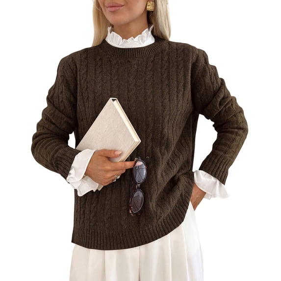 PRETTYGARDEN Women's Cable Knit Sweaters Long Sleeve Pullover Fall Outfits Soft Cozy Knit Tops, Ribbed Crewneck Regular Fit, Basic Daily, Work Business Casual, Teacher Outfits, Winter Layer Clothing