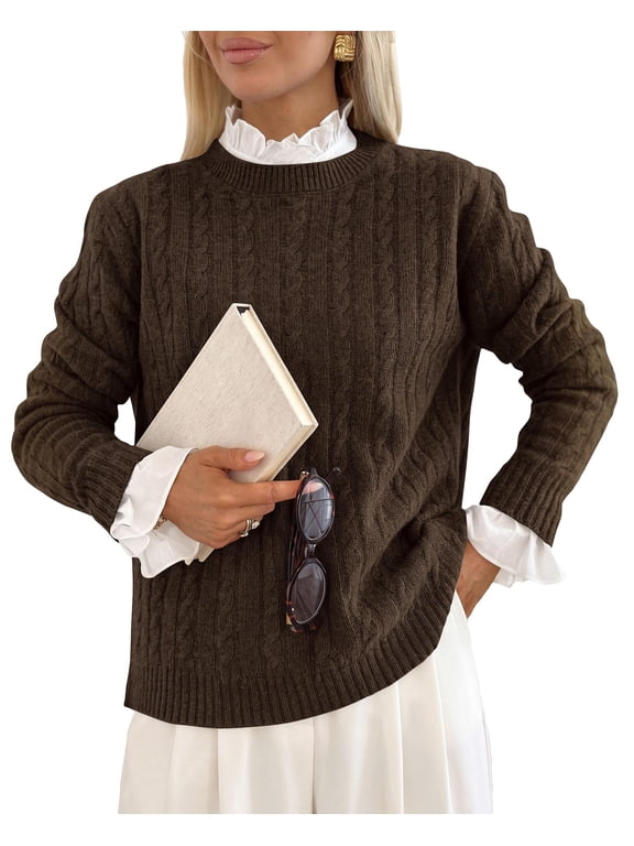 Women's Cable Knit Sweaters Long Sleeve Pullover Fall Outfits Soft Cozy Knit Tops, Ribbed Crewneck Regular Fit, Basic Daily, Work Business Casual, Teacher Outfits, Winter Layer Clothing