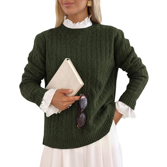 PRETTYGARDEN Women's Cable Knit Sweaters Long Sleeve Pullover Fall Outfits Soft Cozy Knit Tops, Ribbed Crewneck Regular Fit, Basic Daily, Work Business Casual, Teacher Outfits, Winter Layer Clothing