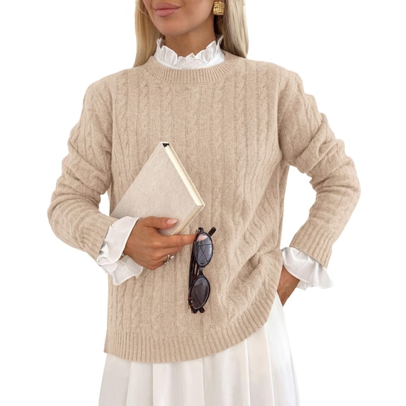 PRETTYGARDEN Women's Cable Knit Sweaters Long Sleeve Pullover Fall Outfits Soft Cozy Knit Tops, Ribbed Crewneck Regular Fit, Basic Daily, Work Business Casual, Teacher Outfits, Winter Layer Clothing