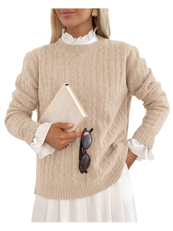 Women's Cable Knit Sweaters Long Sleeve Pullover Fall Outfits Soft Cozy Knit Tops, Ribbed Crewneck Regular Fit, Basic Daily, Work Business Casual, Teacher Outfits, Winter Layer Clothing