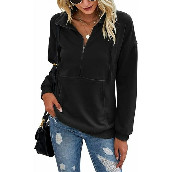 PRETTYGARDEN Women's Casual Long Sleeve Lapel Zipper Sweatshirt Drawstring Loose Pullover Tops