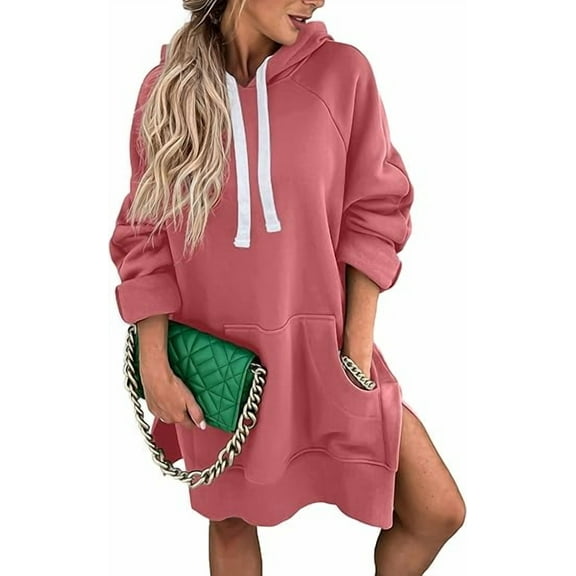 PRETTYGARDEN Women's Casual Pullover Sweatshirt Long Sleeve Split Hem Hoodie Dress with Kangaroo Pocket