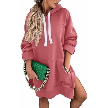 PRETTYGARDEN Women's Casual Pullover Sweatshirt Long Sleeve Split Hem Hoodie Dress with Kangaroo Pocket