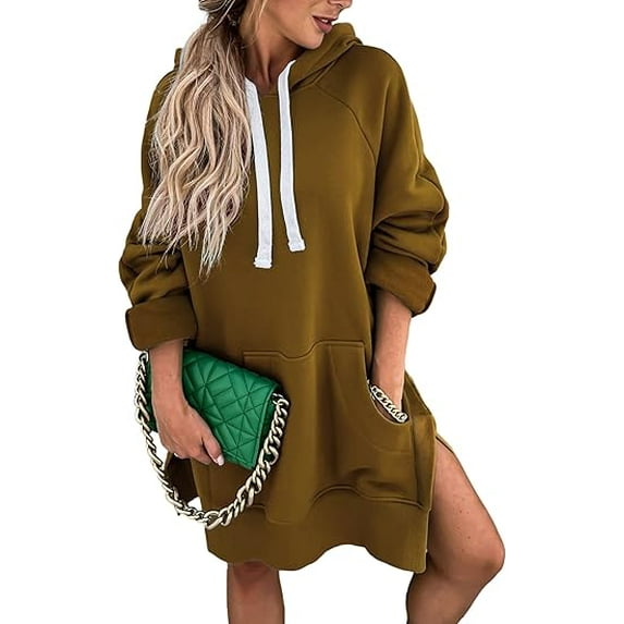 PRETTYGARDEN Women's Casual Pullover Sweatshirt Long Sleeve Split Hem Hoodie Dress with Kangaroo Pocket