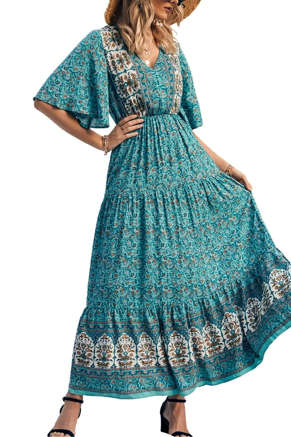 Women's Casual Summer Boho Floral Print Dress V Neck Short Sleeve High Waist Long Maxi Beach Dresses
