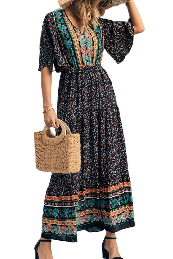 Women's Casual Summer Boho Floral Print Dress V Neck Short Sleeve High Waist Long Maxi Beach Dresses