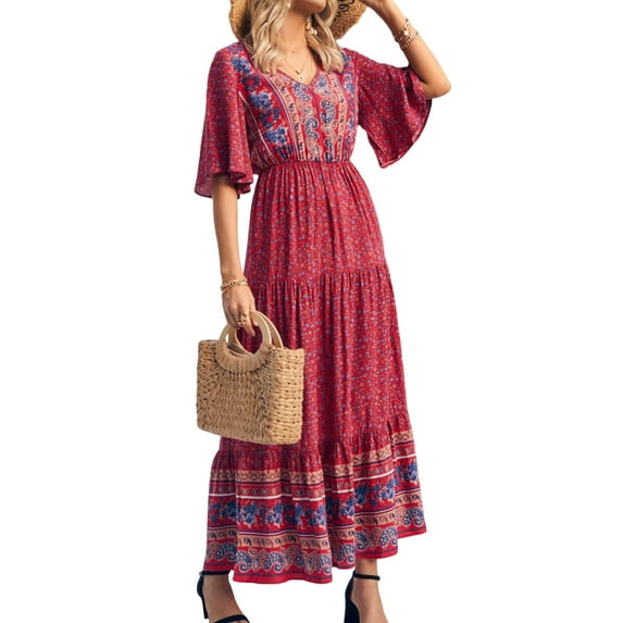 PRETTYGARDEN Women's Casual Summer Boho Floral Print Dress V Neck Short Sleeve High Waist Long Maxi Beach Dresses