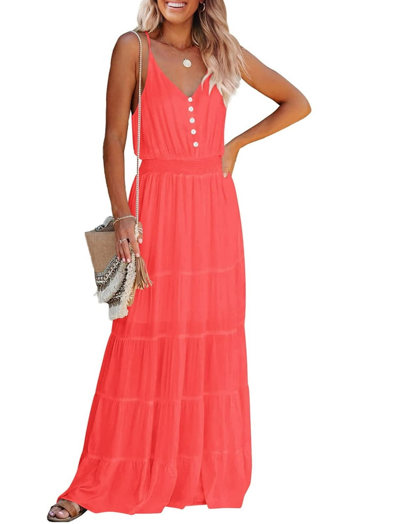 Prettygarden Women's Casual Summer Dress Spaghetti Strap Sleeveless High Waist Beach Long Maxi Sun Dresses, Size: Medium, Orange Prettygarden Women's Casual Summer Dress Spaghetti Strap Sleeveless High Waist Beach Long Maxi Sun Dresses, Size: Medium, Orange