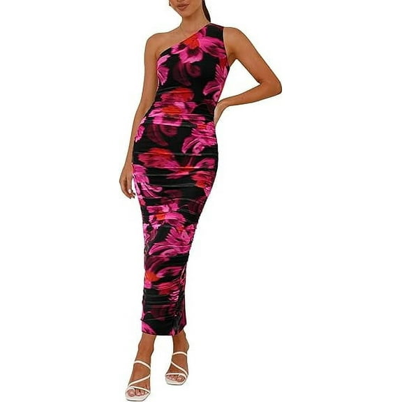 PRETTYGARDEN Women's One Shoulder Bodycon Dress Summer 2025 Printed Ruched Party Cocktail Fitted Long Dress