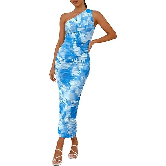PRETTYGARDEN Women's One Shoulder Bodycon Dress Summer 2025 Printed Ruched Party Cocktail Fitted Long Dress