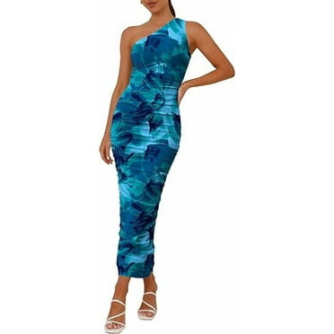 PRETTYGARDEN Women's One Shoulder Bodycon Dress Summer 2025 Printed Ruched Party Cocktail Fitted Long Dress