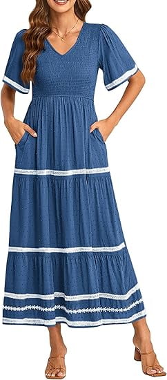Women's Casual Summer Maxi Dress Short Sleeve Swiss Dot V Neck Smocked Long Flowy Beach Dresses