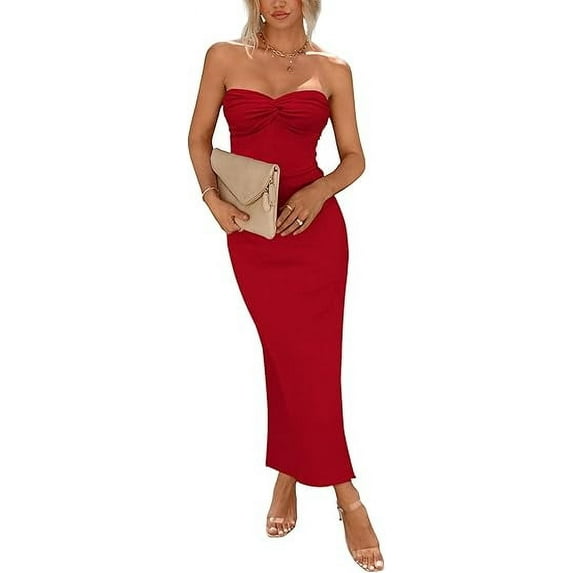 PRETTYGARDEN Women's Bodycon Long Dresses Summer Strapless Tube Twist Knot Front Ribbed Knit Maxi Cocktail Dress with Slit