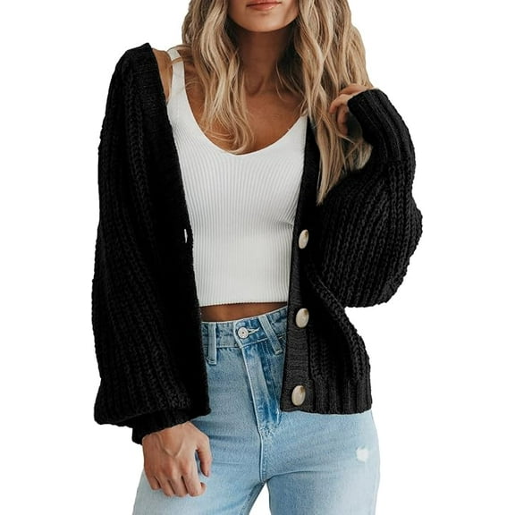 PRETTYGARDEN Women's Chunky Knit Open Front Sweater Long Sleeve Button Loose Short Cardigan Outerwear Coats