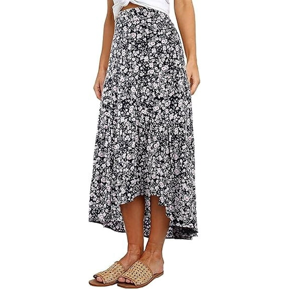 PRETTYGARDEN Women's Ditzy Floral Print Midi Skirt Boho Elastic High Waist Long Skirts for Women Trendy High Low Hem