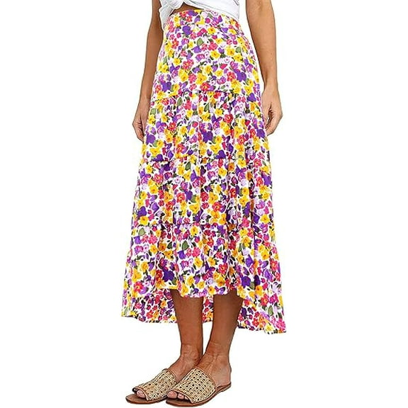 PRETTYGARDEN Women's Ditzy Floral Print Midi Skirt Boho Elastic High Waist Long Skirts for Women Trendy High Low Hem