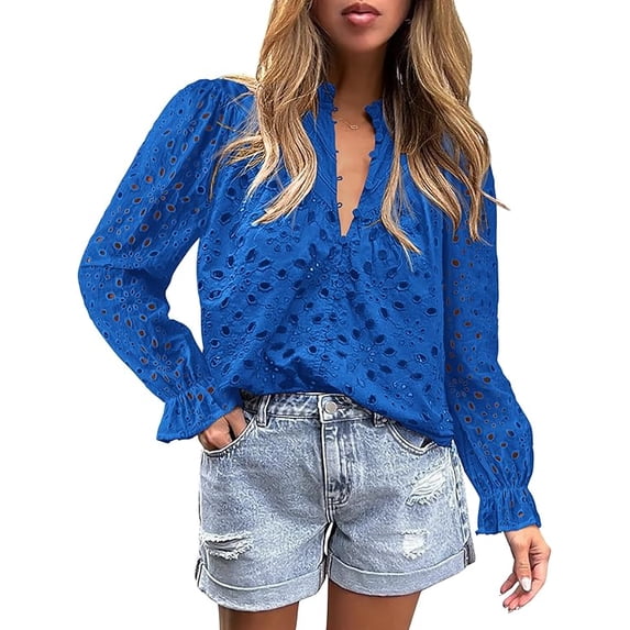 PRETTYGARDEN Women's Dressy Casual Blouse Tops Fall Puff Long Sleeve Button V Neck Hollow Out Lace Embroidered Shirts