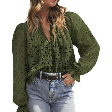 PRETTYGARDEN Women's Dressy Casual Blouse Tops Fall Puff Long Sleeve Button V Neck Hollow Out Lace Embroidered Shirts