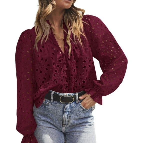 PRETTYGARDEN Women's Dressy Casual Blouse Tops Fall Puff Long Sleeve Button V Neck Hollow Out Lace Embroidered Shirts