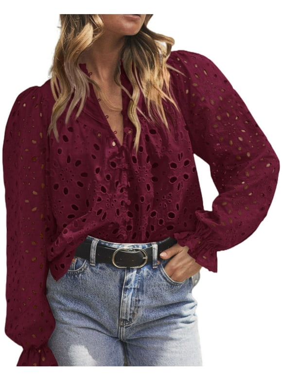 Women's Dressy Casual Blouse Tops Fall Puff Long Sleeve Button V Neck Hollow Out Lace Embroidered Shirts