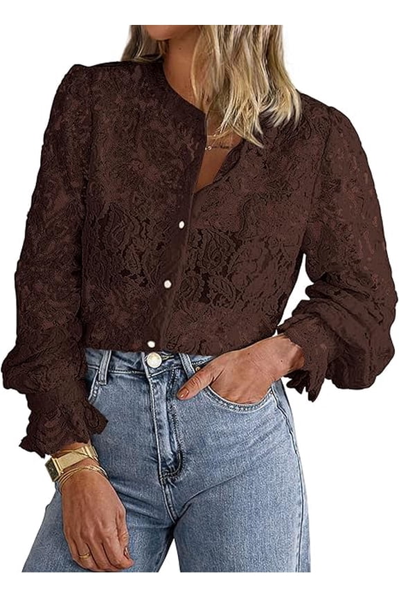 Women's Dressy Casual Lace Blouse Long Sleeve Button Up Shirts Tops Spring Fall Fashion Clothes