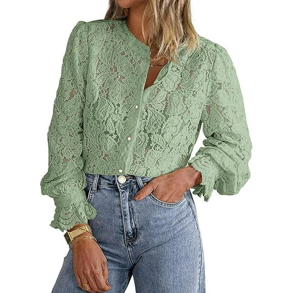 PRETTYGARDEN Women's Dressy Casual Lace Blouse Long Sleeve Button Up Shirts Tops Spring Fall Fashion Clothes