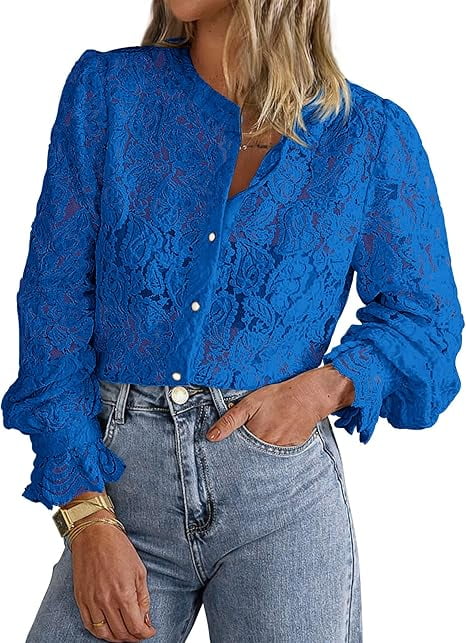 PRETTYGARDEN Women's Dressy Casual Lace Blouse Long Sleeve Button Up Shirts Tops Spring Fall Fashion Clothes