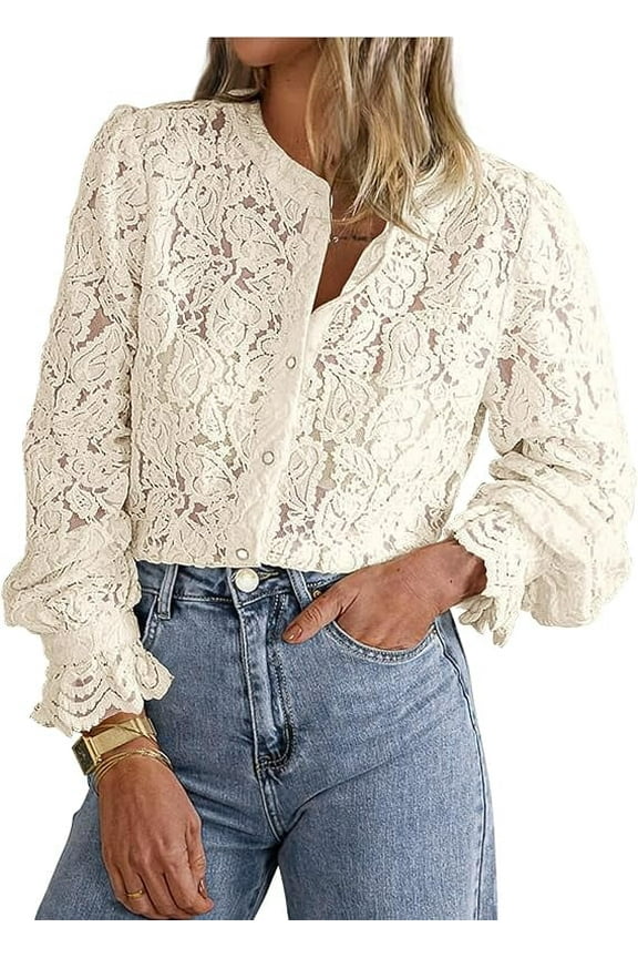 Women's Dressy Casual Lace Blouse Long Sleeve Button Up Shirts Tops Spring Fall Fashion Clothes