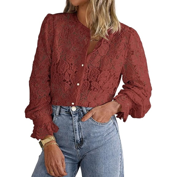 PRETTYGARDEN Women's Dressy Casual Lace Blouse Long Sleeve Button Up Shirts Tops Spring Fall Fashion Clothes