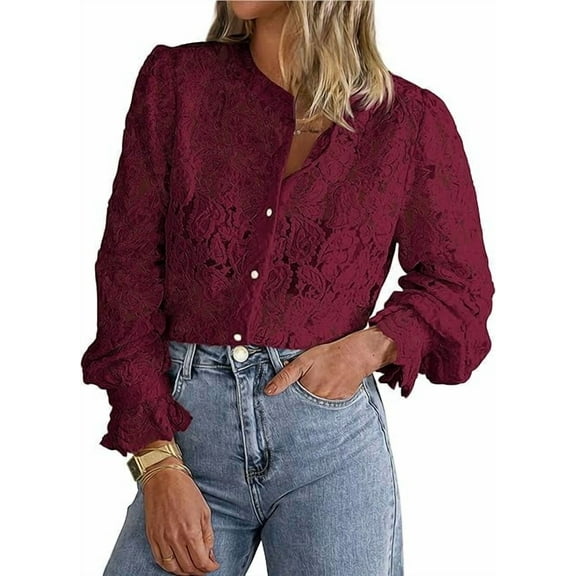 PRETTYGARDEN Women's Dressy Casual Lace Blouse Long Sleeve Button Up Shirts Tops Spring Fall Fashion Clothes