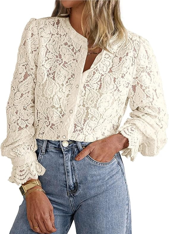 PRETTYGARDEN Women's Dressy Casual Lace Blouse Long Sleeve Button Up Shirts Tops Spring Fall Fashion Clothes