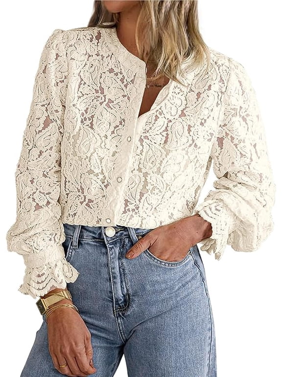 Women's Dressy Casual Lace Blouse Long Sleeve Button Up Shirts Tops Spring Fall Fashion Clothes