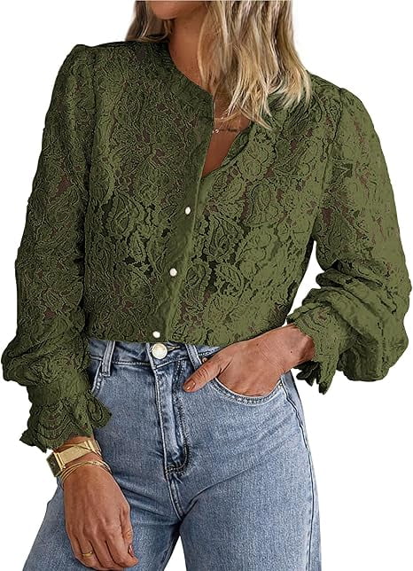 PRETTYGARDEN Women's Dressy Casual Lace Blouse Long Sleeve Button Up Shirts Tops Spring Fall Fashion Clothes