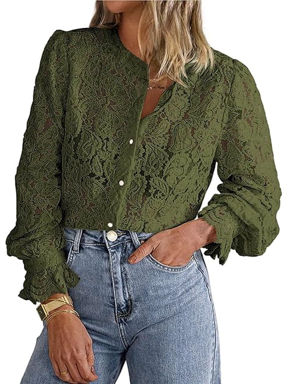 Women's Dressy Casual Lace Blouse Long Sleeve Button Up Shirts Tops Spring Fall Fashion Clothes