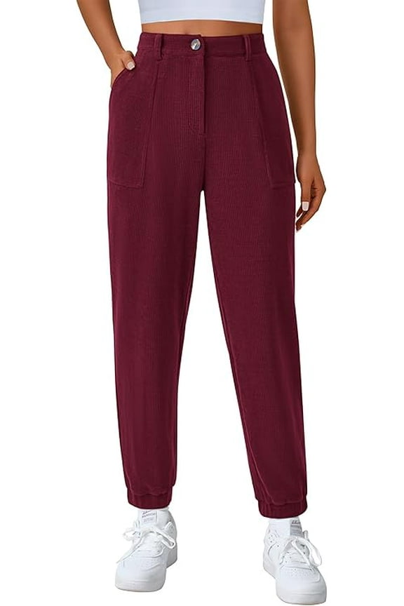 Women's Dressy Casual Pants Elastic High Waisted Work Office Corduroy Trouser Slacks with Pockets