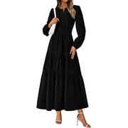 PRETTYGARDEN Women's Elegant Maxi Dresses Long Sleeve V Neck Flowy Pockets Casual Modest Dress Fall Fashion Clothes