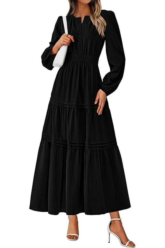 Women's Elegant Maxi Dresses Long Sleeve V Neck Flowy Pockets Casual Modest Dress Fall Fashion Clothes
