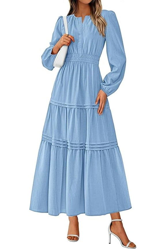 Women's Elegant Maxi Dresses Long Sleeve V Neck Flowy Pockets Casual Modest Dress Fall Fashion Clothes