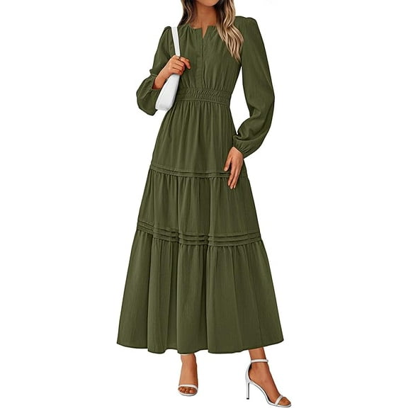 PRETTYGARDEN Women's Elegant Maxi Dresses Long Sleeve V Neck Flowy Pockets Casual Modest Dress Fall Fashion Clothes