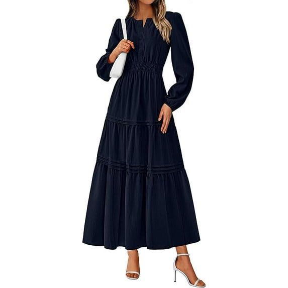 PRETTYGARDEN Women's Elegant Maxi Dresses Long Sleeve V Neck Flowy Pockets Casual Modest Dress Fall Fashion Clothes