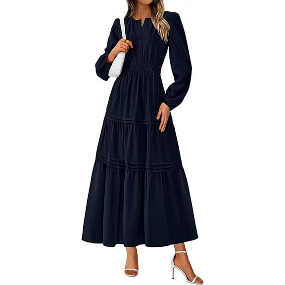 PRETTYGARDEN Women's Elegant Maxi Dresses Long Sleeve V Neck Flowy Pockets Casual Modest Dress Fall Fashion Clothes