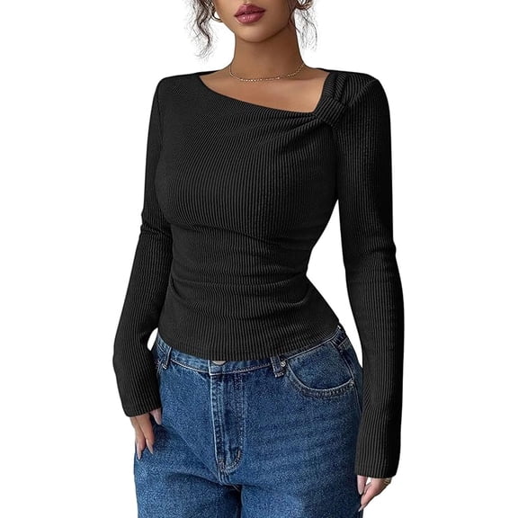PRETTYGARDEN Womens Early Fall Fashion Long Sleeve T Shirts Asymmetrical Ribbed Fitted Trendy Going Out Tops Y2K Outfits