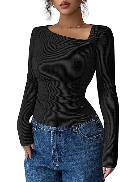 Womens Early Fall Fashion Long Sleeve T Shirts Asymmetrical Ribbed Fitted Trendy Going Out Tops Y2K Outfits