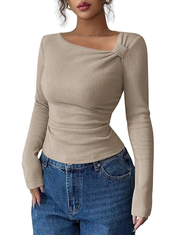 Womens Early Fall Fashion Long Sleeve T Shirts Asymmetrical Ribbed Fitted Trendy Going Out Tops Y2K Outfits
