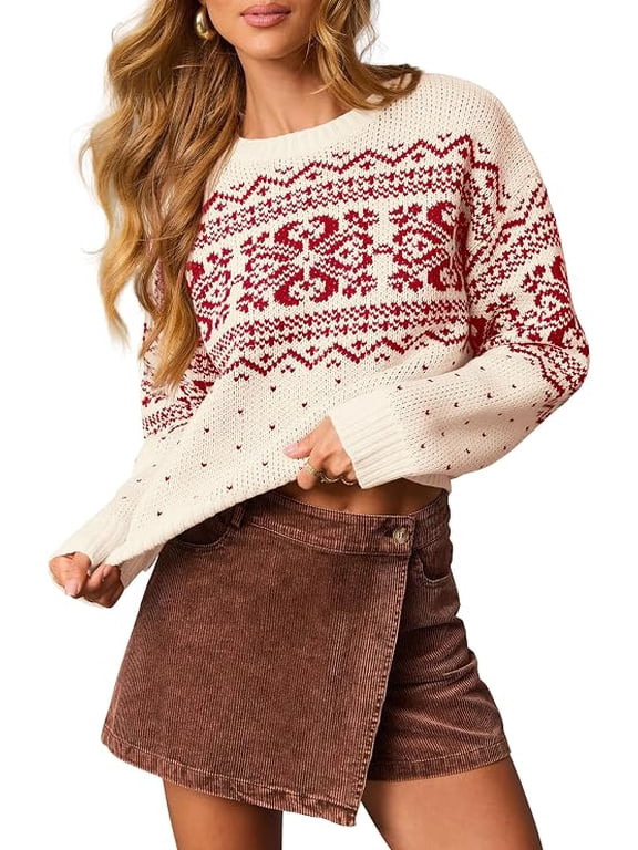 Women's Fair Isle Oversized Sweater Relaxed Fit, Soft Cozy Knit, Long Sleeve Pullover, Crew Neck, Going Out Tops, Fall Holiday Outfits, Winter Fashion Clothing