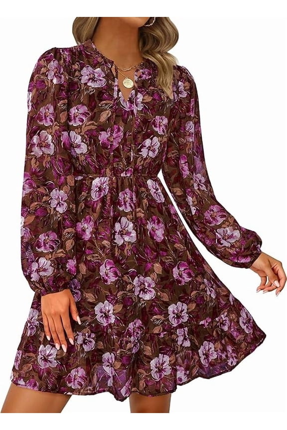 Women's Fall Boho Dresses Floral Long Sleeve V Neck Mini Flowy Wedding Guest Dress Trendy Vacation Outfits