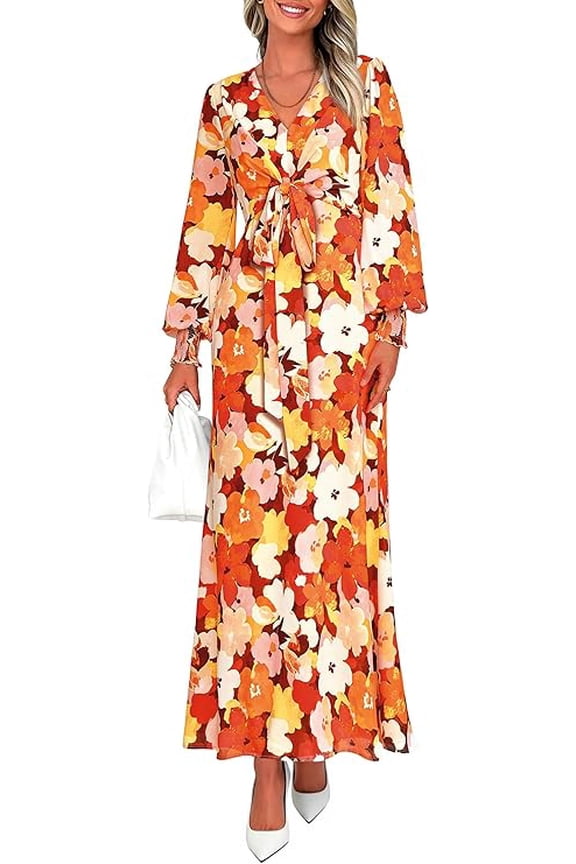 Women's Fall Boho Maxi Dress Floral Long Sleeve V Neck Flowy Belted Elegant Holiday Party Dresses