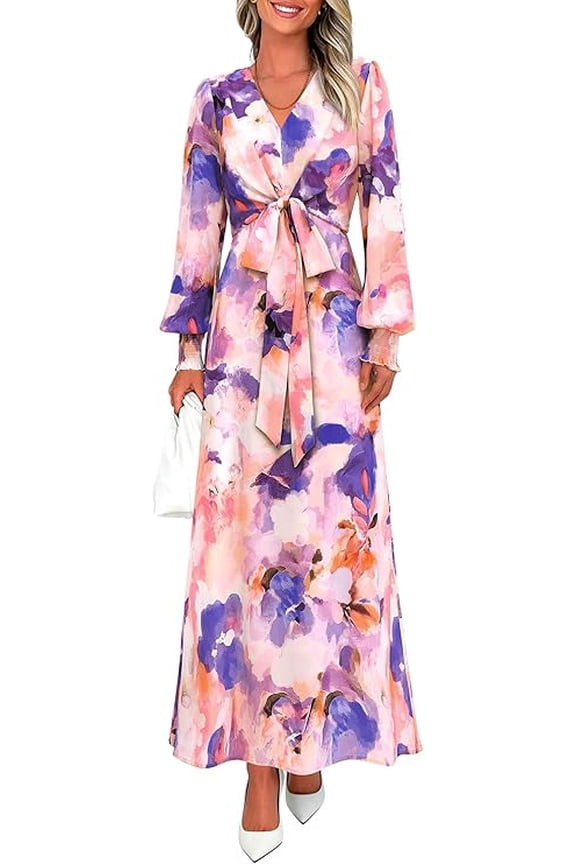 Women's Fall Boho Maxi Dress Floral Long Sleeve V Neck Flowy Belted Elegant Holiday Party Dresses